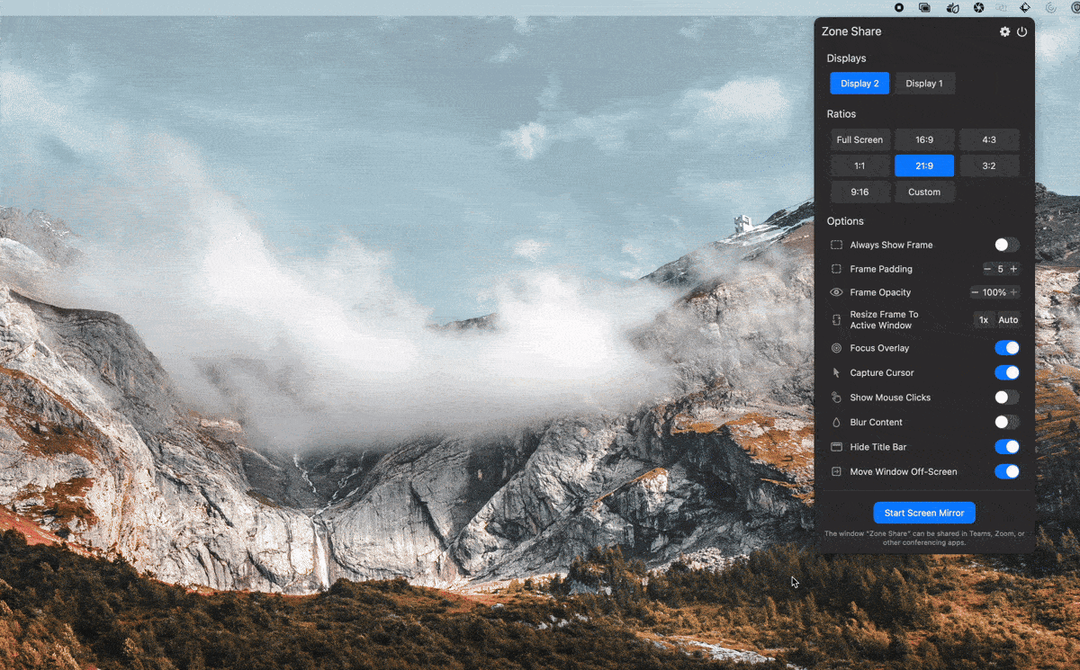 ZoneShare App Screenshot - Screen sharing utility for ultrawide monitors