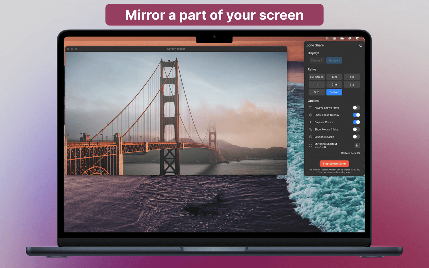 ZoneShare App Screenshot - Screen sharing utility for ultrawide monitors